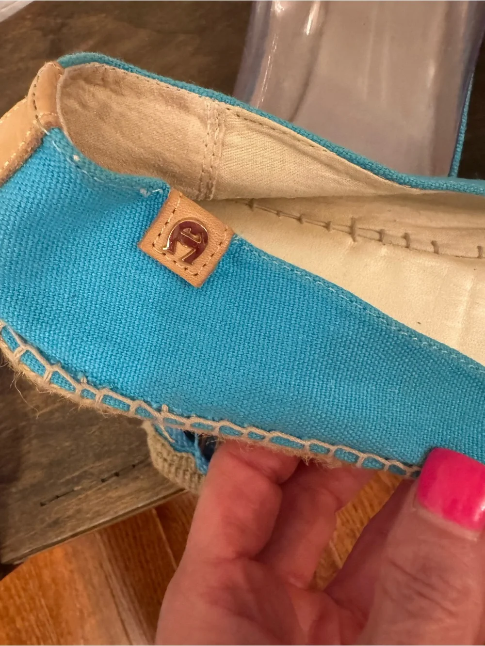 Aigner Turquoise Canvas Espadrille Flats Rope Flower Women’s